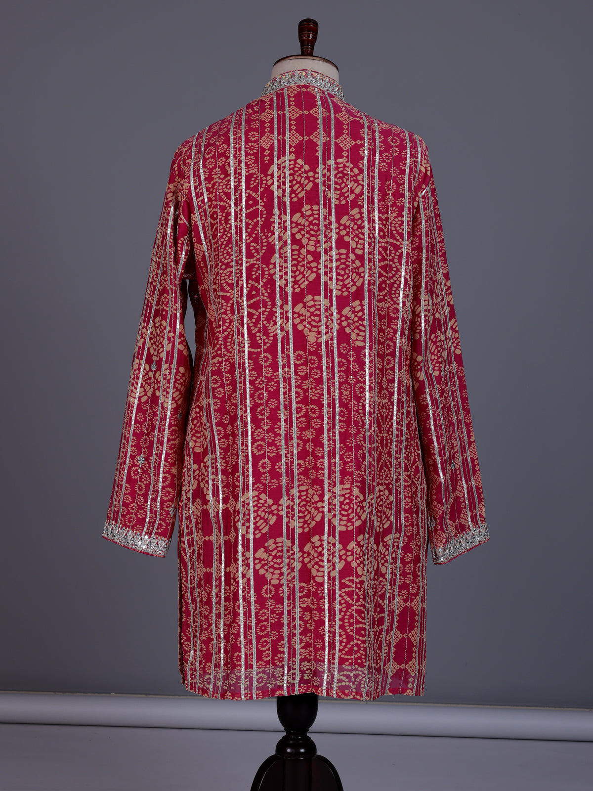 Deep pink chanderi silk mens kurta suit with bandhani gota embellishments