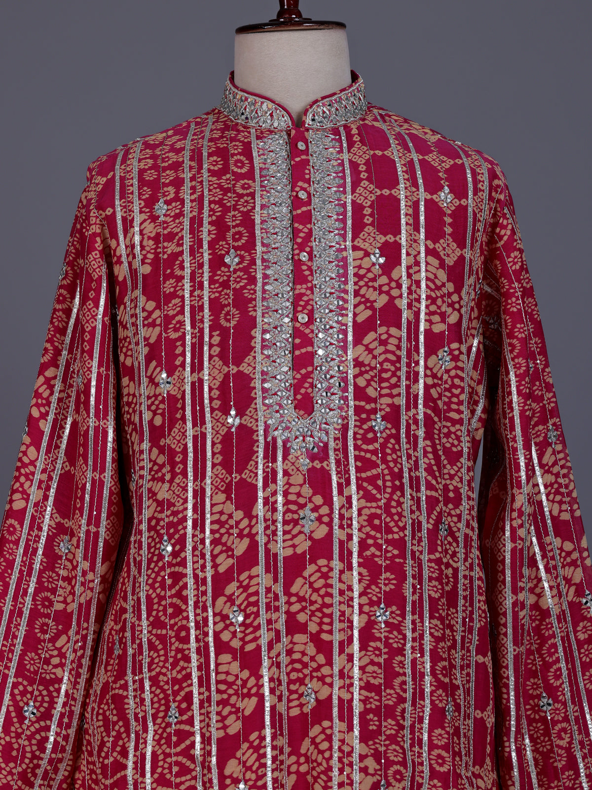 Deep pink chanderi silk mens kurta suit with bandhani gota embellishments