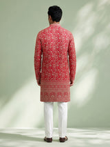 Rani pink georgette mens kurta suit with floral sequin embroidery