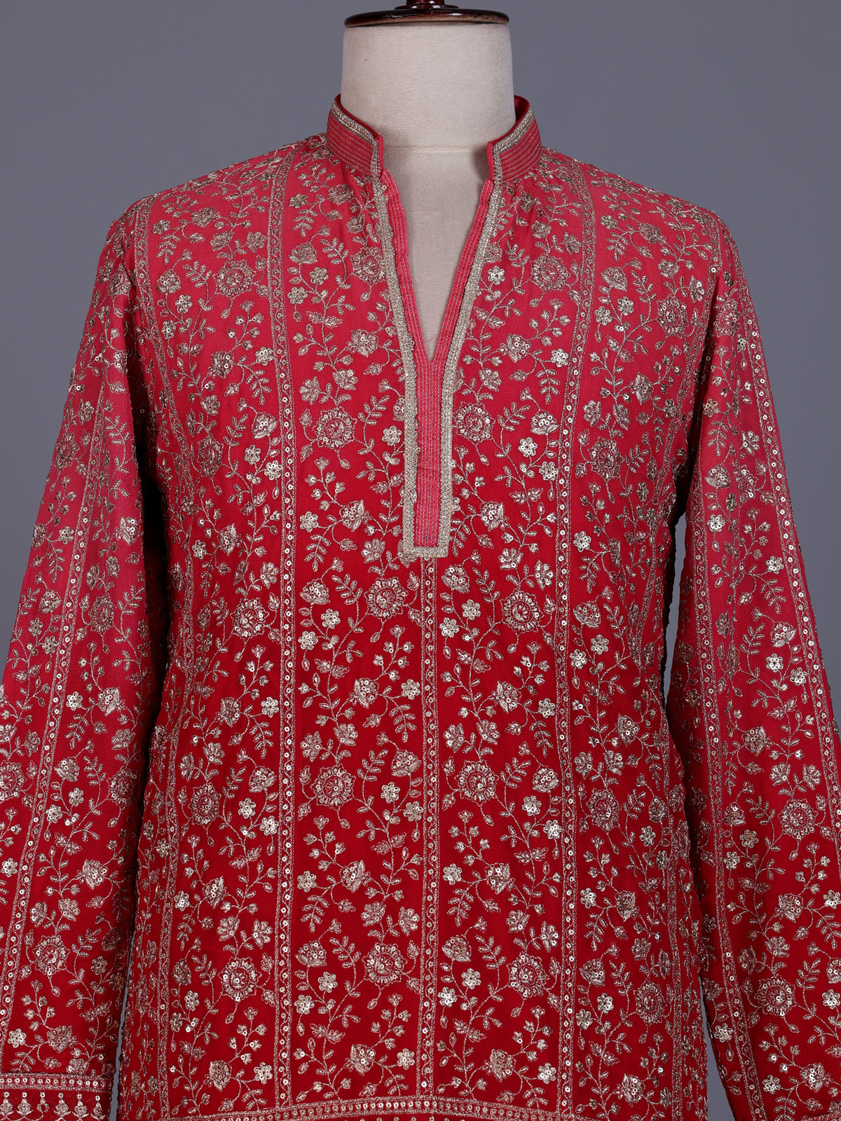 Rani pink georgette mens kurta suit with floral sequin embroidery