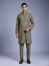 Muted olive cotton silk mens kurta suit with embellished yoke