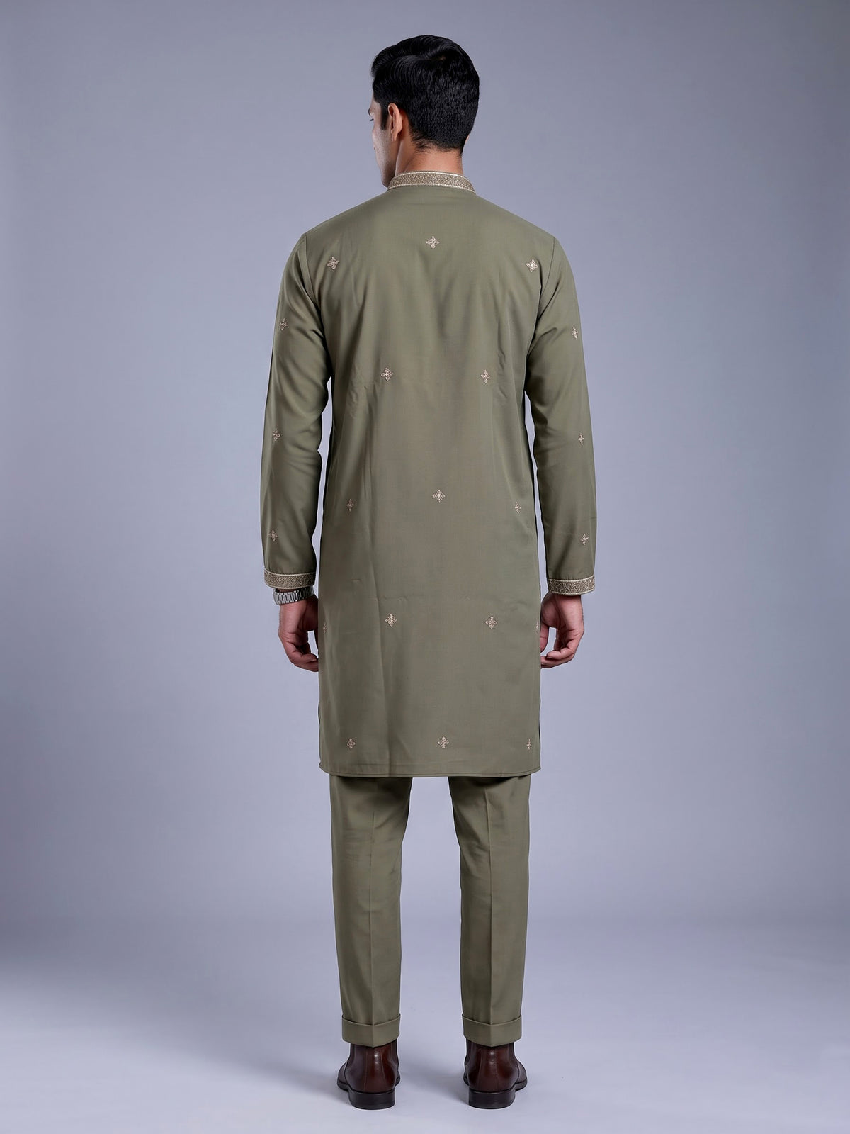 Muted olive cotton silk mens kurta suit with embellished yoke