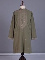 Muted olive cotton silk mens kurta suit with embellished yoke
