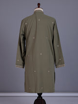 Muted olive cotton silk mens kurta suit with embellished yoke