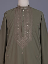 Muted olive cotton silk mens kurta suit with embellished yoke