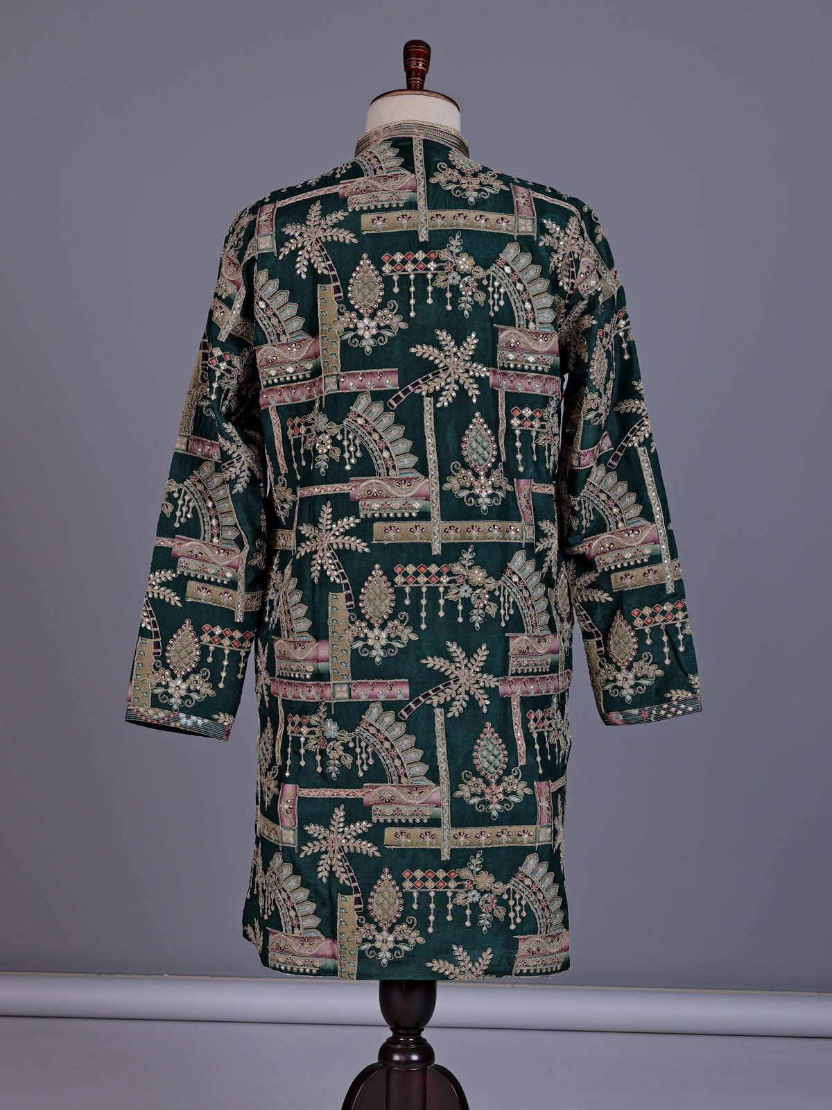 Forest green tusser silk mens kurta suit with architectural sequin embroidery