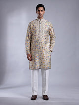 Beige chanderi silk floral printed mens kurta suit with embroidered yoke