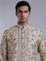 Beige chanderi silk floral printed mens kurta suit with embroidered yoke