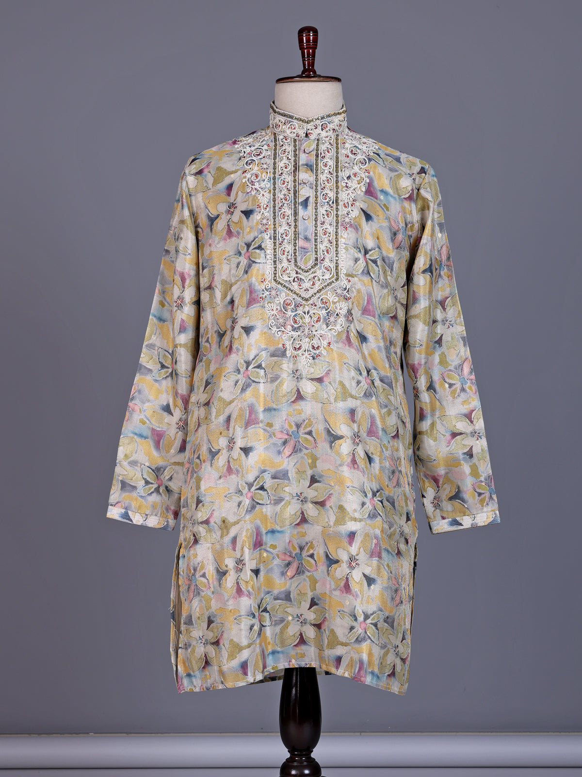 Beige chanderi silk floral printed mens kurta suit with embroidered yoke