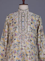 Beige chanderi silk floral printed mens kurta suit with embroidered yoke
