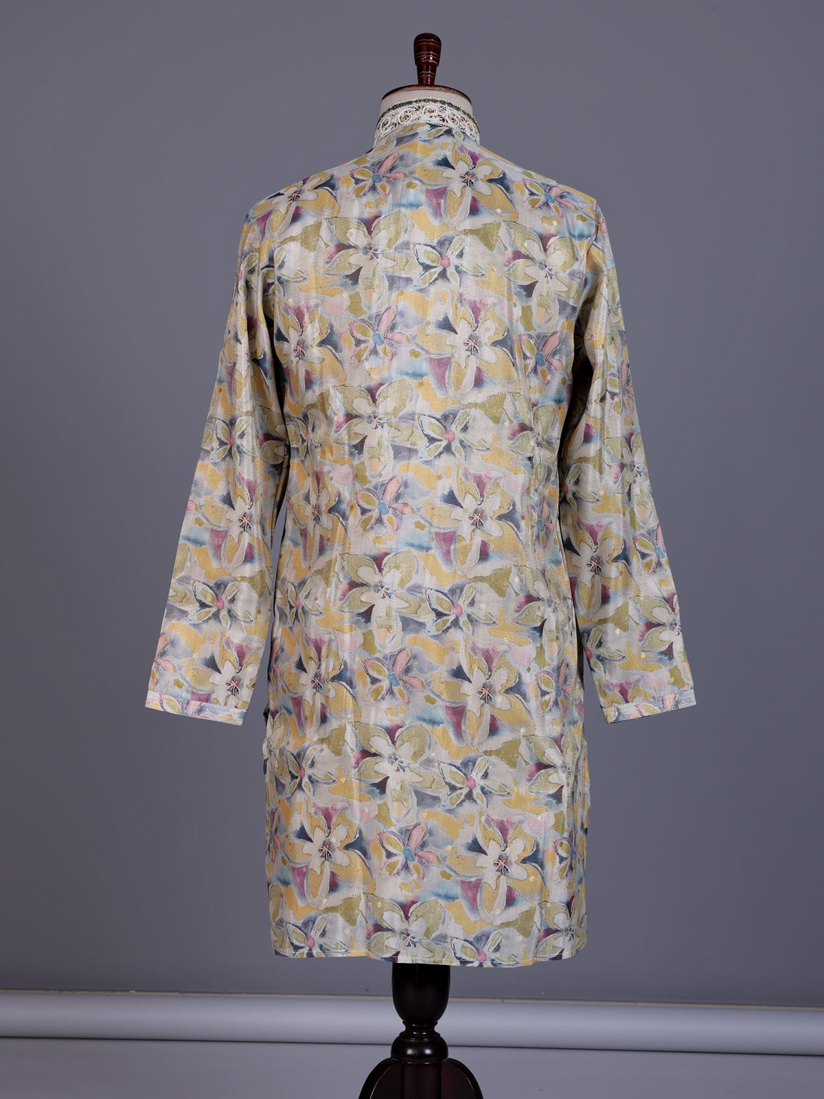 Beige chanderi silk floral printed mens kurta suit with embroidered yoke