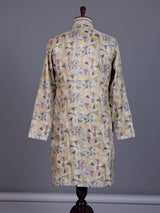 Beige chanderi silk floral printed mens kurta suit with embroidered yoke