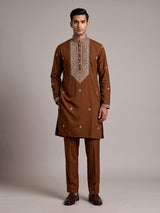 Brown silk blend mens kurta suit with chevron embellished yoke