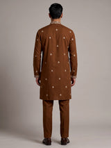 Brown silk blend mens kurta suit with chevron embellished yoke