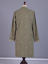 Dusty olive cotton silk mens kurta suit with threadwork yoke