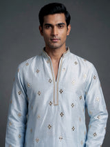 Mint blue chanderi silk mens kurta suit with diamond mirrorwork butis