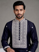 Dark navy Poly-Viscose mens kurta suit with white chikankari work
