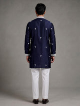 Dark navy Poly-Viscose mens kurta suit with white chikankari work