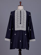 Dark navy Poly-Viscose mens kurta suit with white chikankari work