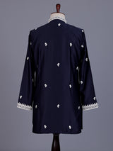 Dark navy Poly-Viscose mens kurta suit with white chikankari work