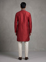 Maroon silk mens kurta suit with persian floral threadwork