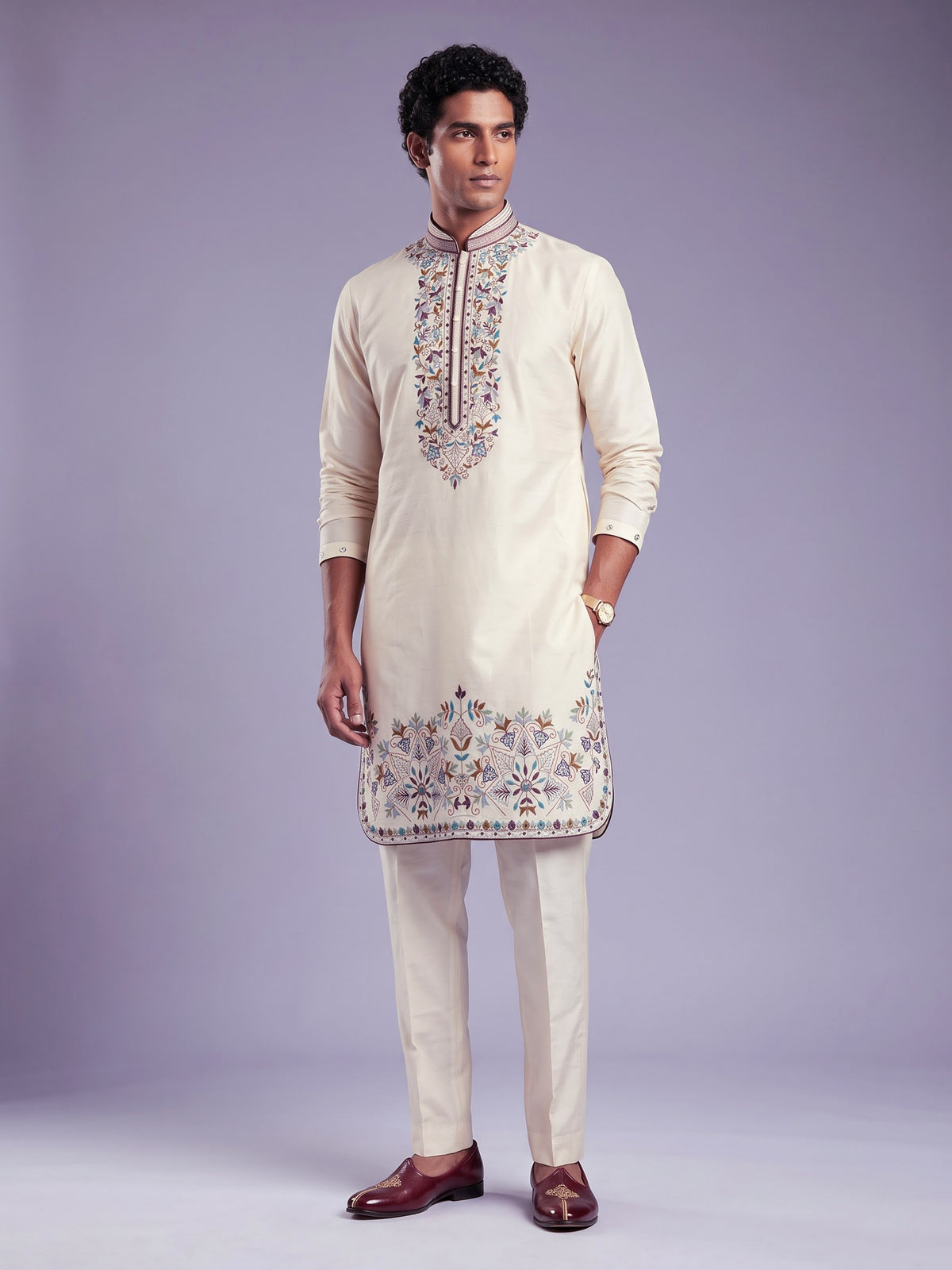 Cream Art Silk mens kurta suit with kashmiri floral borderwork