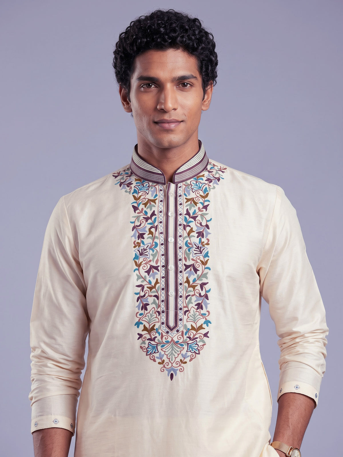 Cream Art Silk mens kurta suit with kashmiri floral borderwork