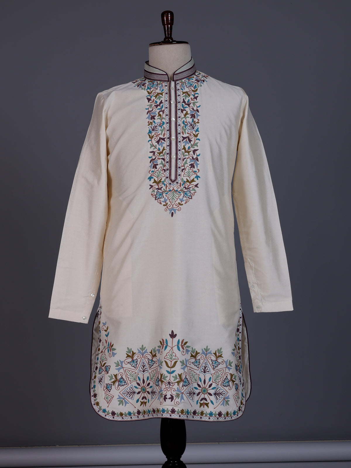 Cream Art Silk mens kurta suit with kashmiri floral borderwork