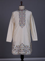 Cream Art Silk mens kurta suit with kashmiri floral borderwork