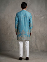 Aqua tusser silk mens kurta suit with embroidered V-notch yoke