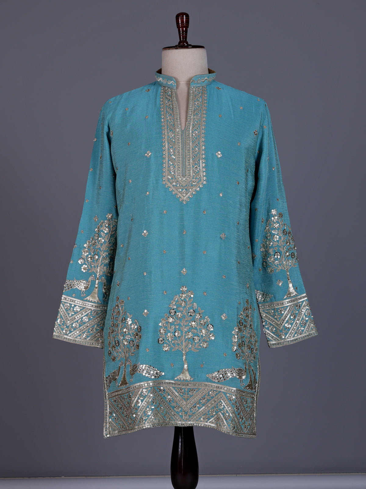 Aqua tusser silk mens kurta suit with embroidered V-notch yoke