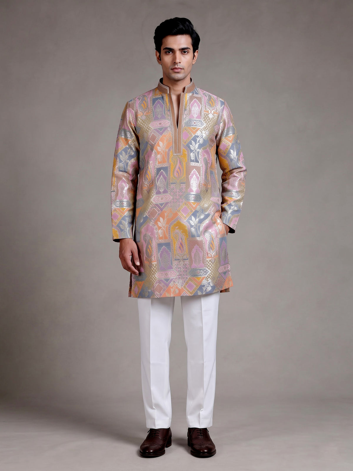 Multi color brocade silk mens kurta with architectural zari detailing