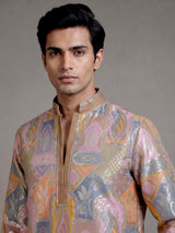 Multi color brocade silk mens kurta with architectural zari detailing