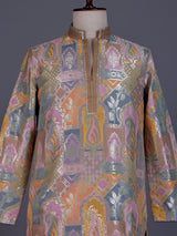 Multi color brocade silk mens kurta with architectural zari detailing