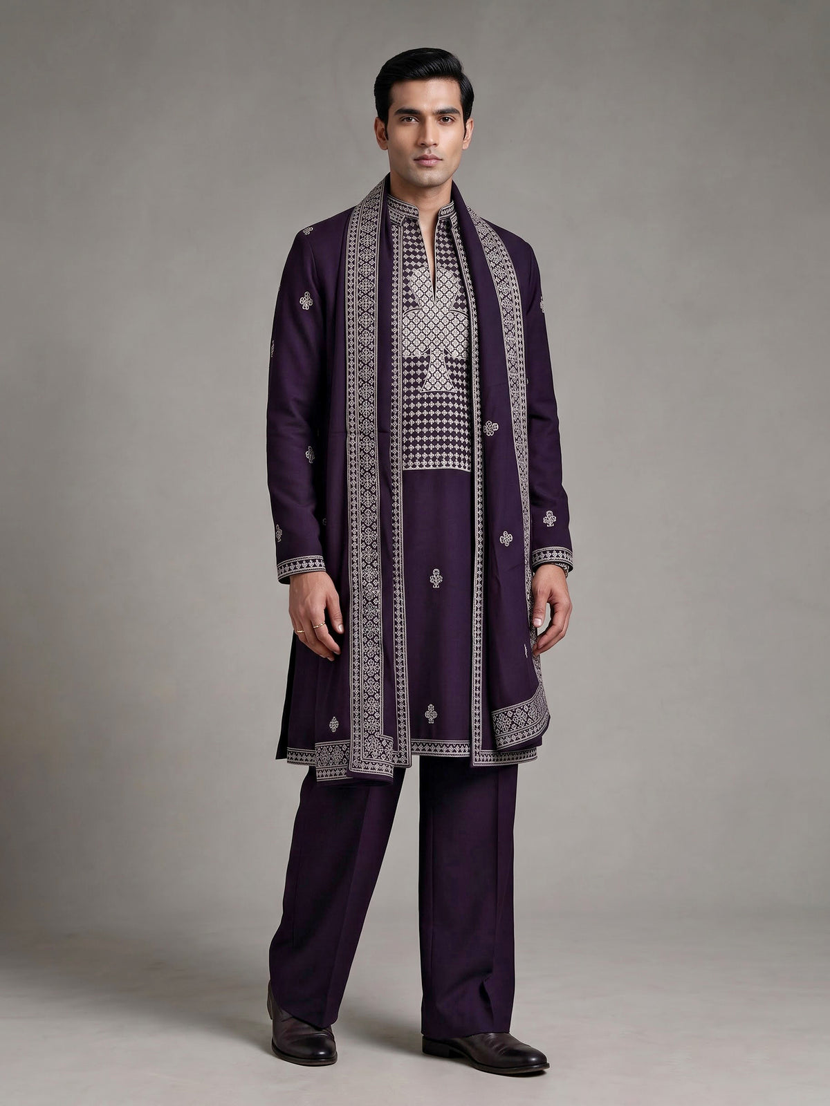 Dark wine georgette mens kurta suit with embellished dupatta