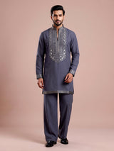 Stone grey cotton silk mens kurta with oxidized embellishments