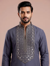 Stone grey cotton silk mens kurta with oxidized embellishments