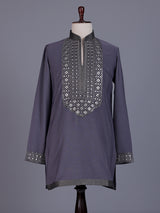 Stone grey cotton silk mens kurta with oxidized embellishments
