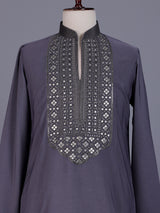 Stone grey cotton silk mens kurta with oxidized embellishments