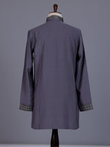 Stone grey cotton silk mens kurta with oxidized embellishments