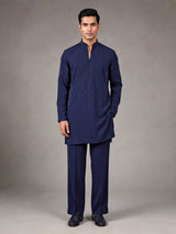 Navy Poly-Viscose mens short kurta with pintuck yoke