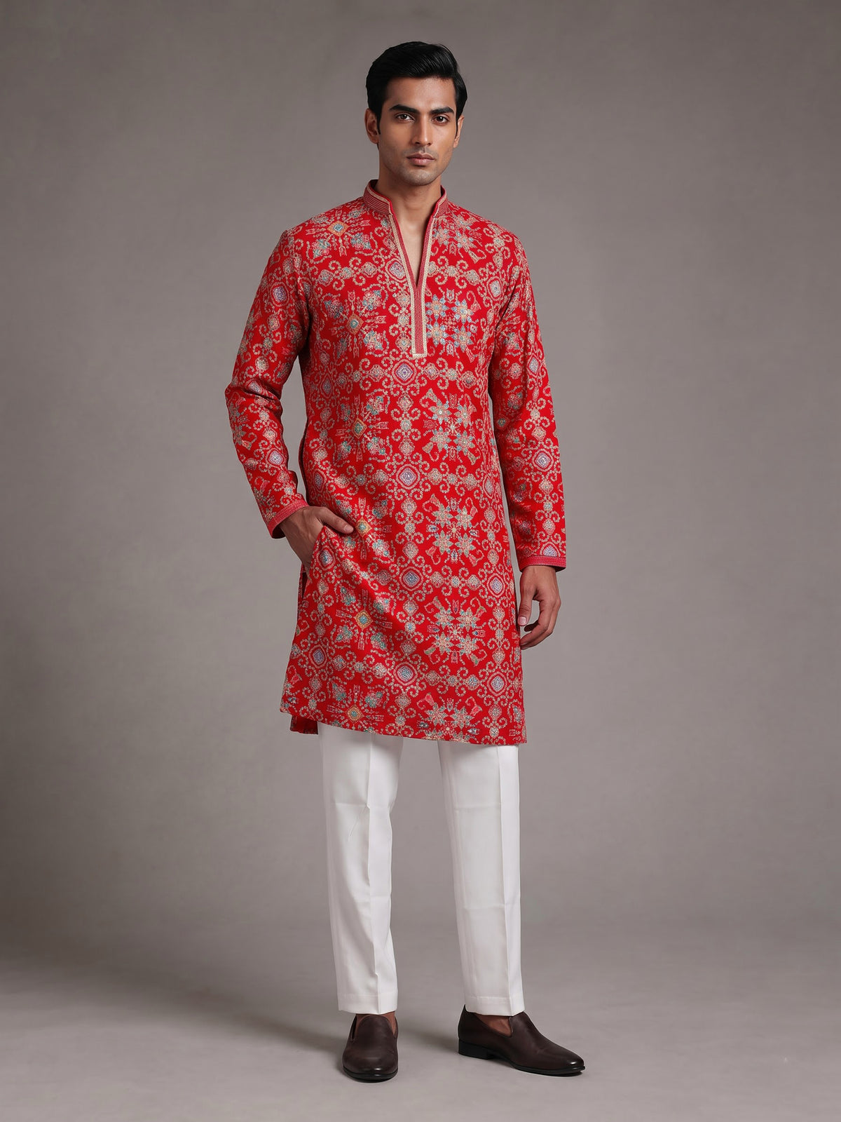 Red chanderi silk mens kurta with geometric floral sequin embroidery