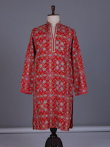 Red chanderi silk mens kurta with geometric floral sequin embroidery