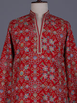 Red chanderi silk mens kurta with geometric floral sequin embroidery