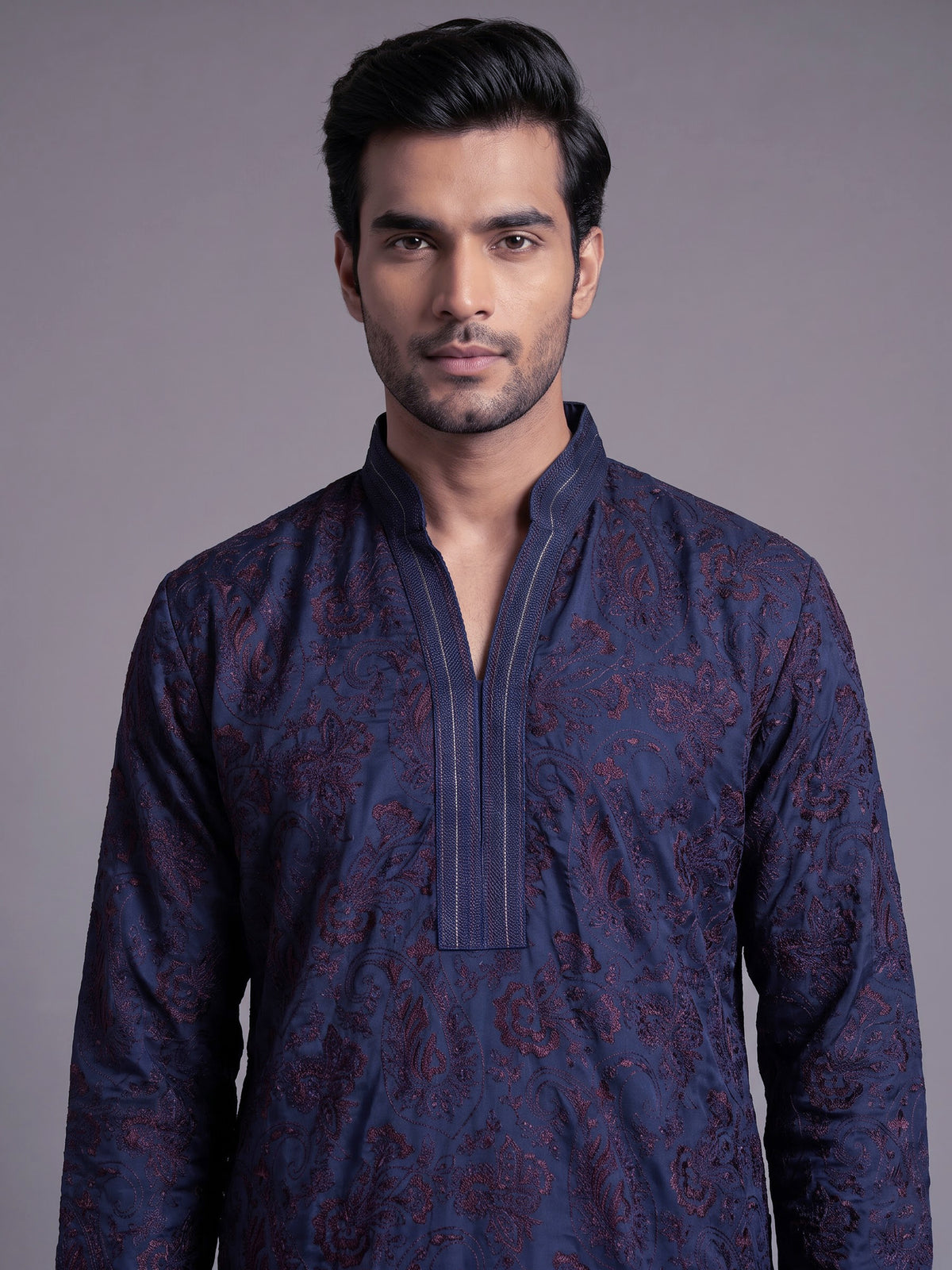 Dark blue tusser silk mens kurta with botanical jaal embroidery