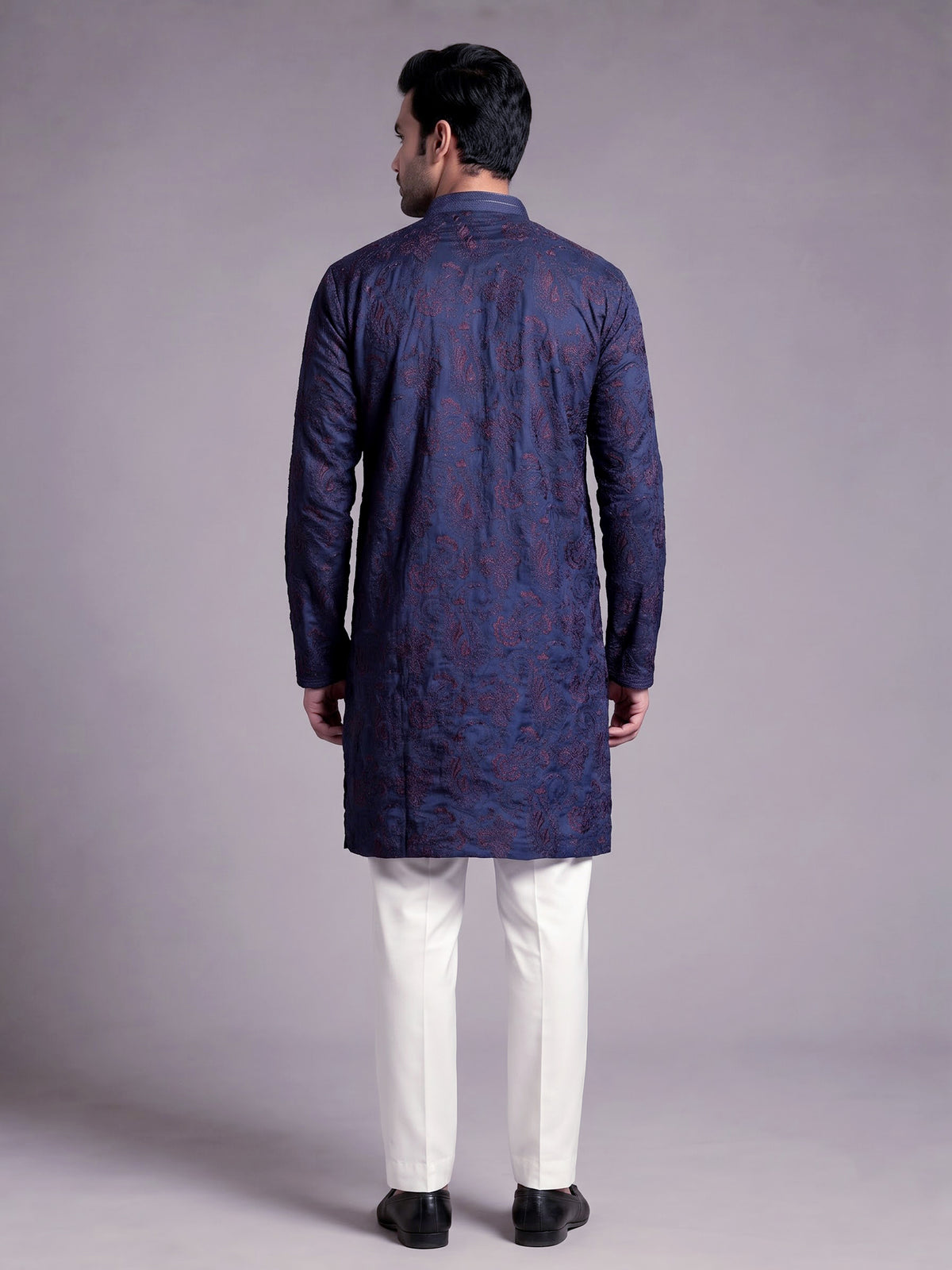 Dark blue tusser silk mens kurta with botanical jaal embroidery