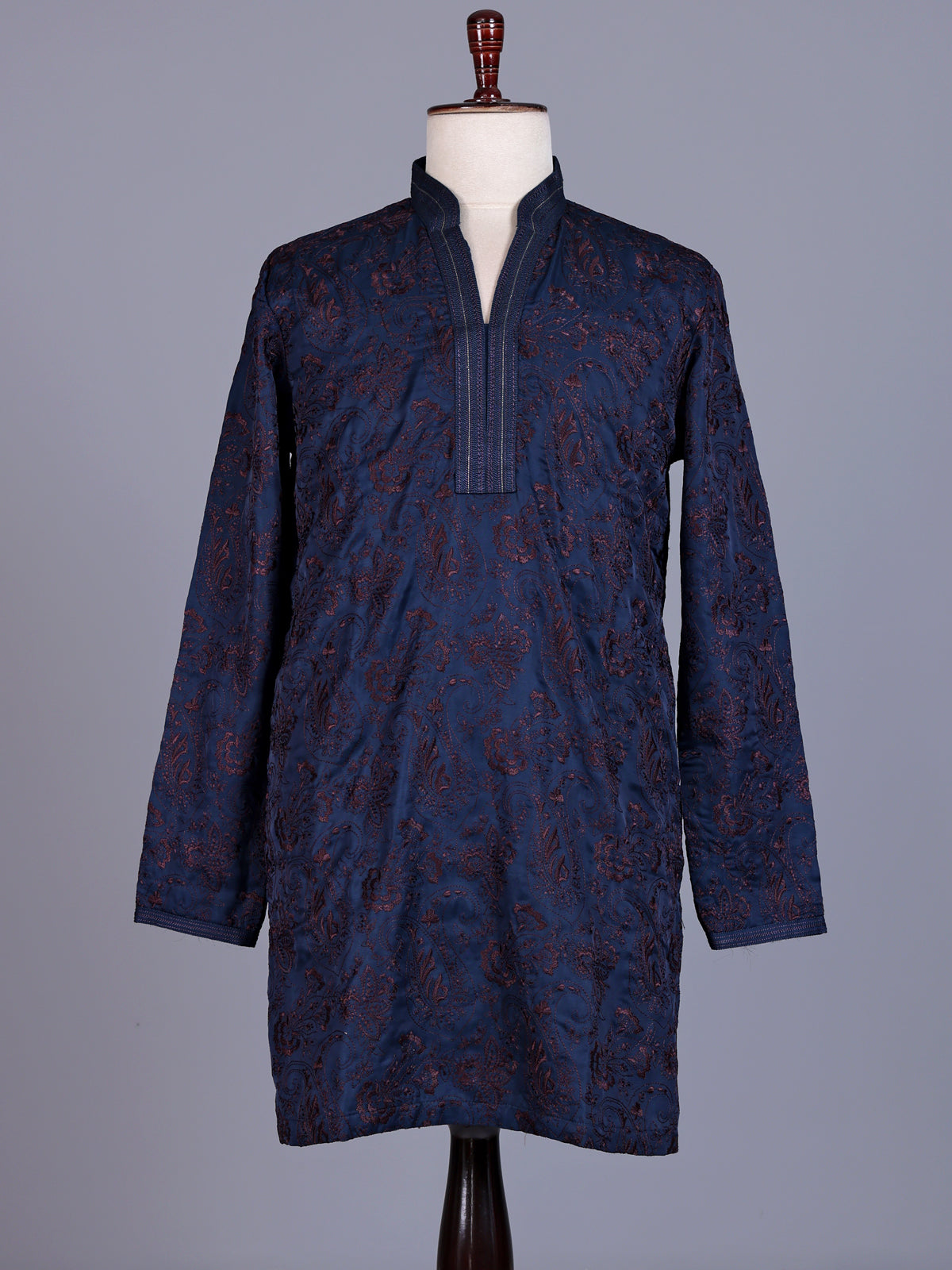 Dark blue tusser silk mens kurta with botanical jaal embroidery