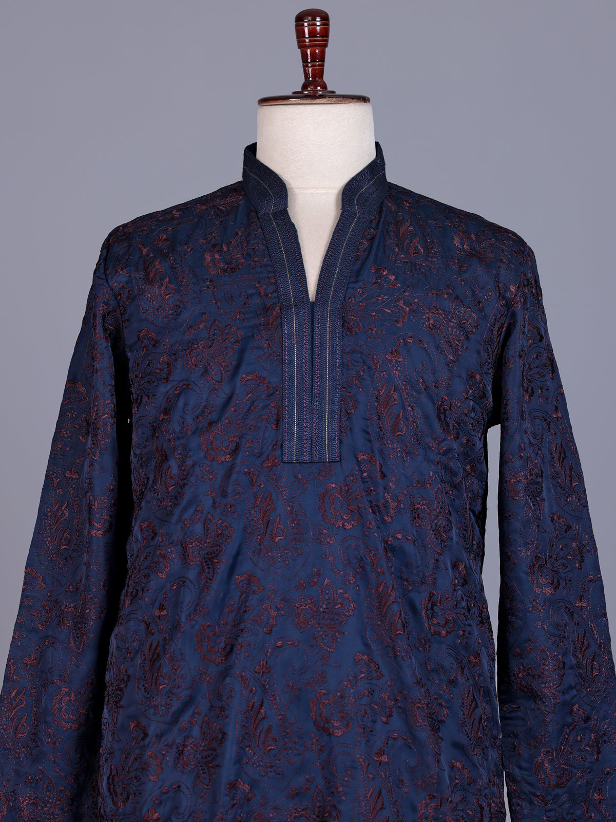 Dark blue tusser silk mens kurta with botanical jaal embroidery