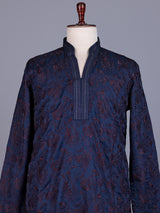 Dark blue tusser silk mens kurta with botanical jaal embroidery