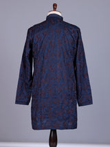 Dark blue tusser silk mens kurta with botanical jaal embroidery